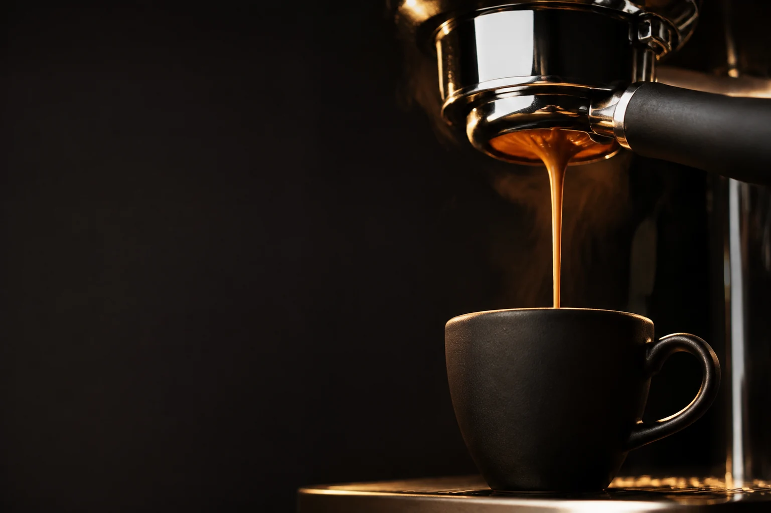 Fresh espresso flowing into a cup against a dark background
